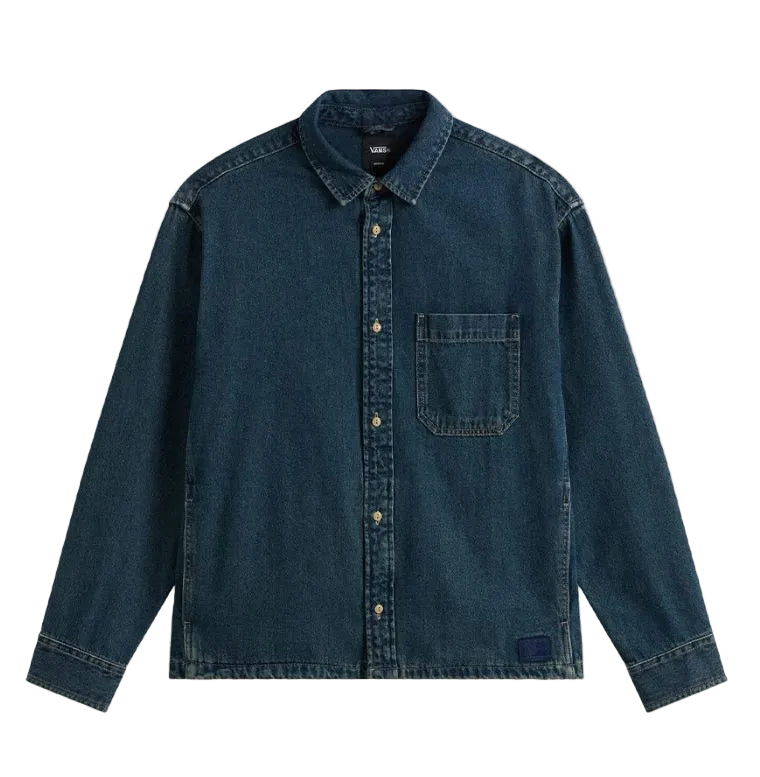 Sobrecamisa Vans Martinez Denim Overshirt en Vintage Indigo/Incense, vista frontal con cierre de botones, cuello clásico, bolsillo de parche en el pecho y parche textil Vans cosido en el bajo.