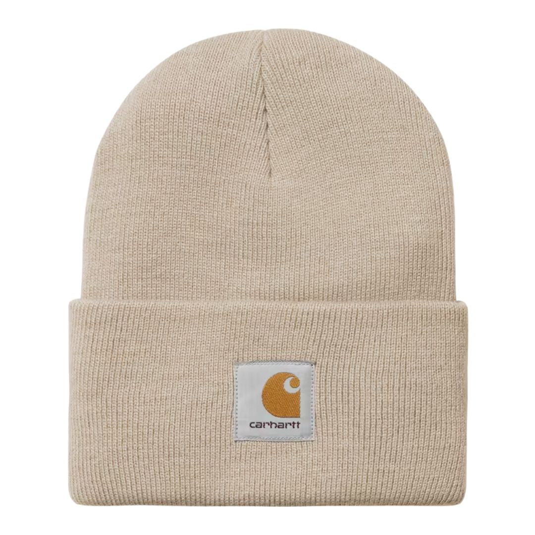 Gorro Carhartt Acrylic Watch Hat en color Fleur de Sel, vista frontal con logotipo de Carhartt en la etiqueta cosida.