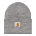 Gorro Carhartt Acrylic Watch Hat Grey Heather visto de frente, con vuelta y parche con el logo Carhartt en la parte frontal.