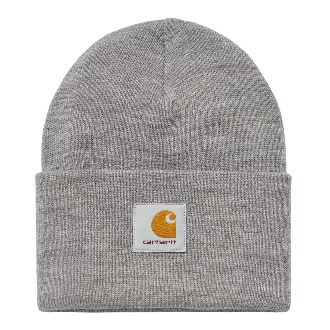Gorro Carhartt Acrylic Watch Hat Grey Heather visto de frente, con vuelta y parche con el logo Carhartt en la parte frontal.