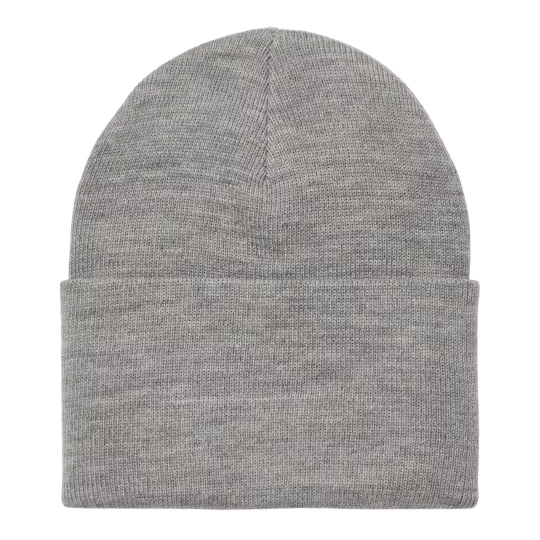 Gorro Carhartt Acrylic Watch Hat Grey Heather visto desde atrás, mostrando el tejido acrílico y el acabado de la vuelta.