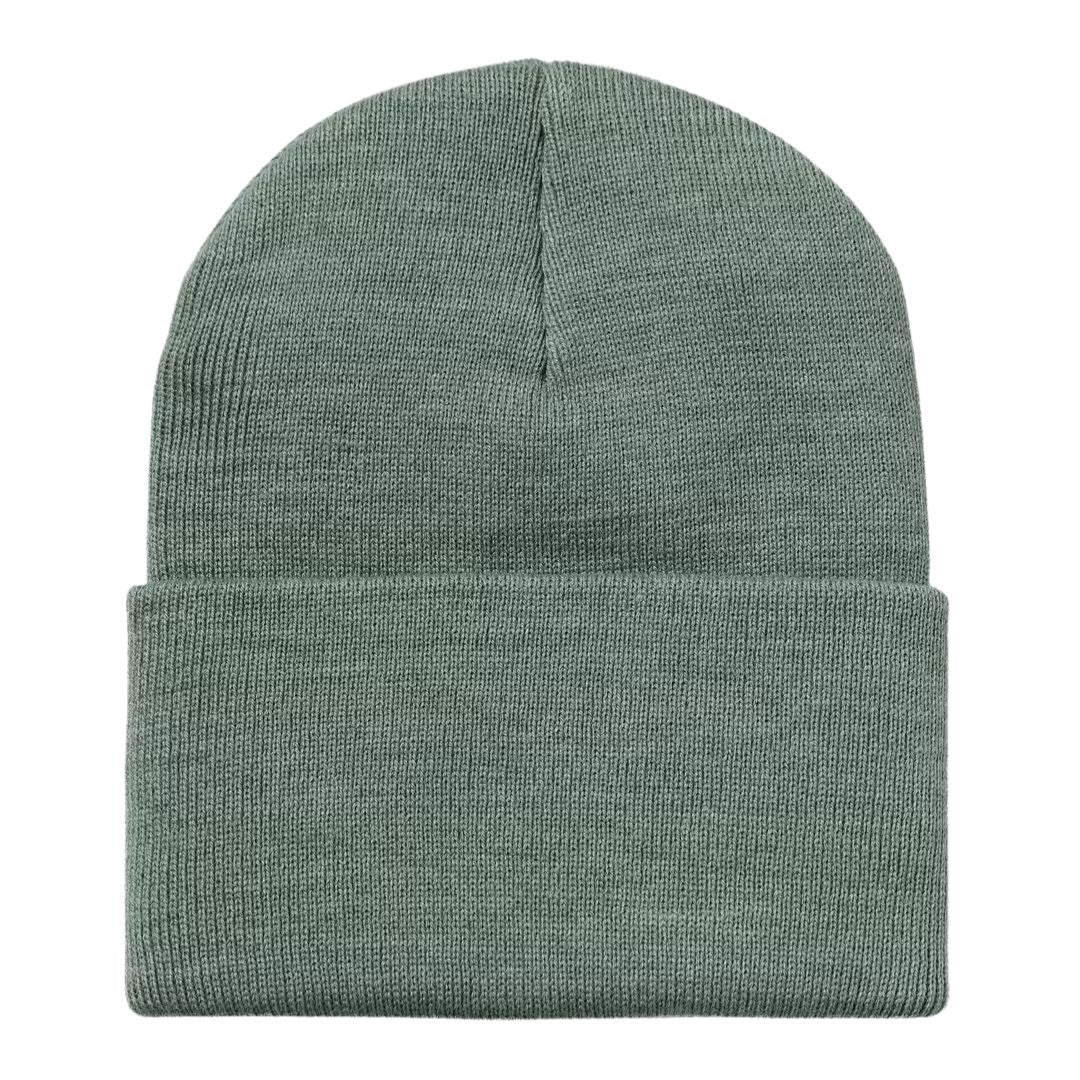 Gorro Carhartt Acrylic Watch Hat Velvet Green Heather visto desde atrás, mostrando el tejido acrílico y el acabado de la vuelta.