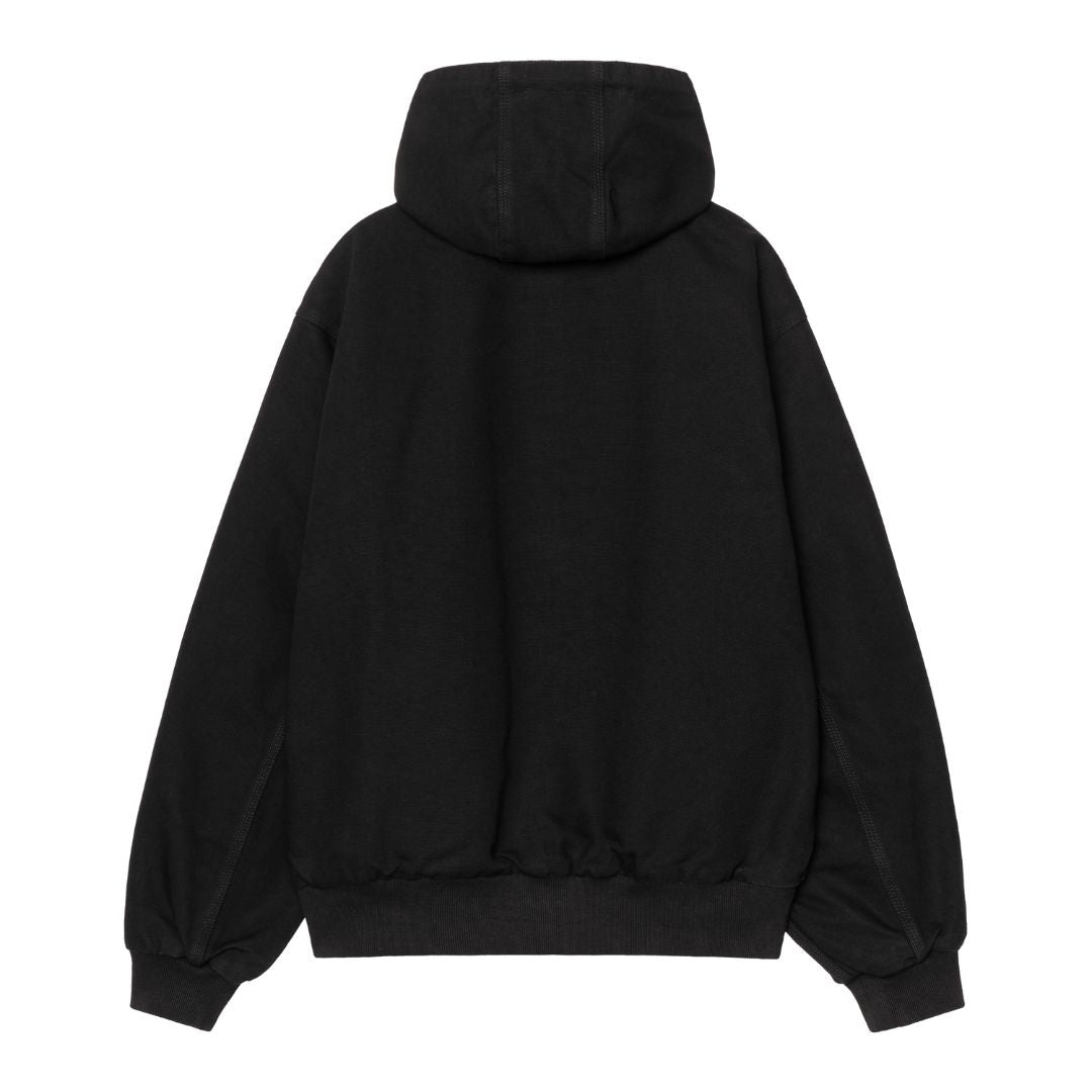 Vista trasera de la chaqueta Carhartt WIP 50 Years Anniversary OG Active Jacket en color negro, con capucha y bajo elástico.