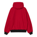 Vista trasera de la chaqueta Carhartt WIP 50 Years Anniversary OG Active Jacket en color rojo con capucha y puños elásticos en negro.