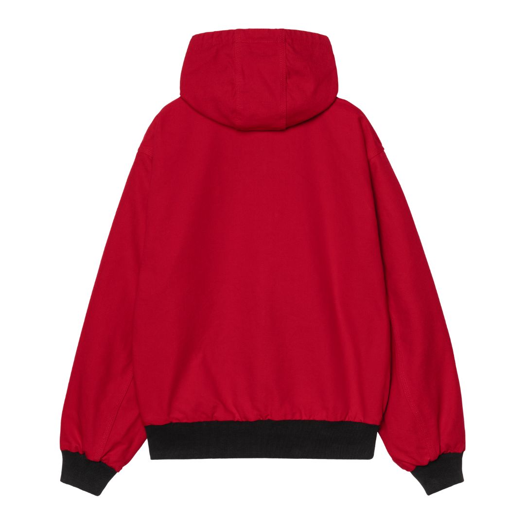 Vista trasera de la chaqueta Carhartt WIP 50 Years Anniversary OG Active Jacket en color rojo con capucha y puños elásticos en negro.
