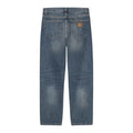 Carhartt WIP Aaron Pant Blue Stone Washed vista trasera producto, vaquero cinco bolsillos con etiqueta cuadrada de piel sintética.