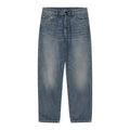 Carhartt WIP Aaron Pant azul Blue Stone Washed vista frontal producto, pantalón denim regular tapered con bragueta de cremallera y remaches.