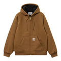 Vista frontal cerrada de la chaqueta Carhartt WIP Active Jacket Winter en color Hamilton Brown con capucha.