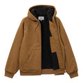 Vista frontal abierta de la chaqueta Carhartt WIP Active Jacket Winter en color Hamilton Brown mostrando interior negro.