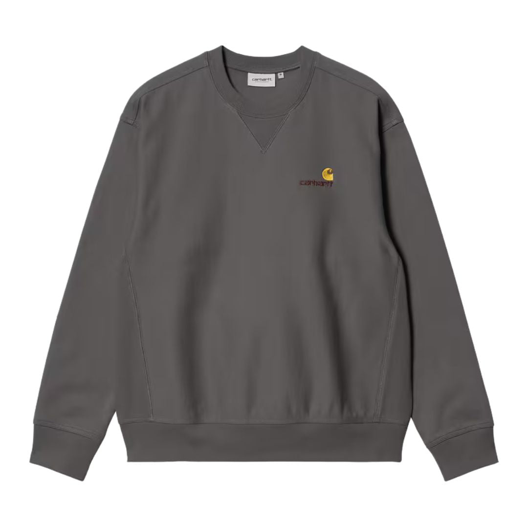 Sudadera Carhartt WIP American Script en gris grafito, vista frontal plana sobre fondo blanco, con el logotipo bordado American Script en el pecho izquierdo.