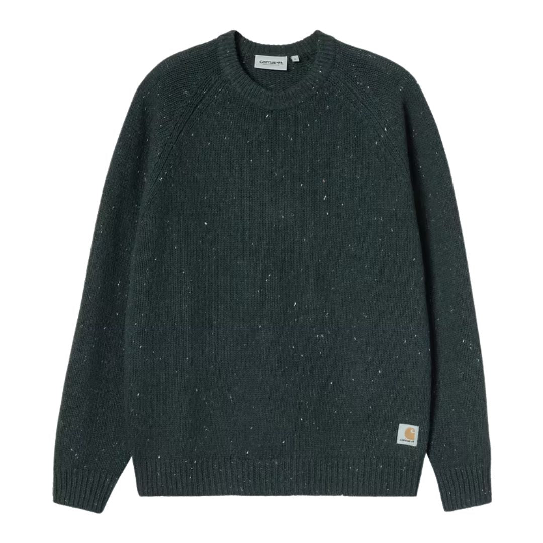 Jersey Carhartt WIP Anglistic Sweater en color Speckled Deep Lagoon, vista posterior completa.
