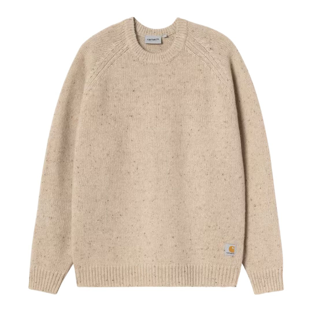 Jersey Carhartt WIP Anglistic Sweater en color Speckled Fleur de Sel, vista posterior completa.