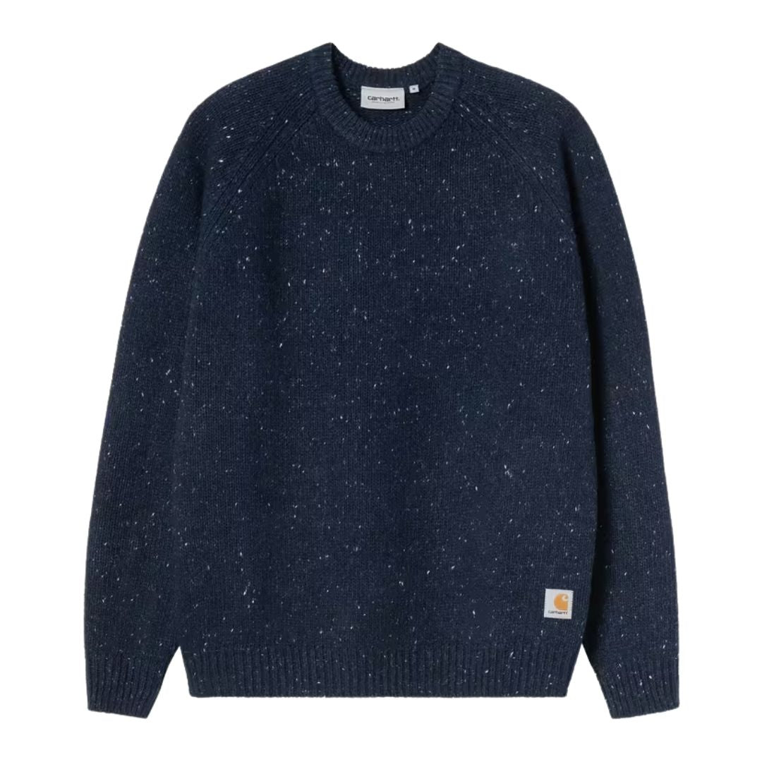 Jersey Carhartt WIP Anglistic Sweater en color Speckled Jupiter, vista posterior completa.