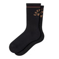 Calcetines Carhartt WIP Arch Script Socks en negro y marrón, con logo Script jacquard bordado en el gemelo y felpa francesa en la suela interior, foto de producto sobre fondo neutro.
