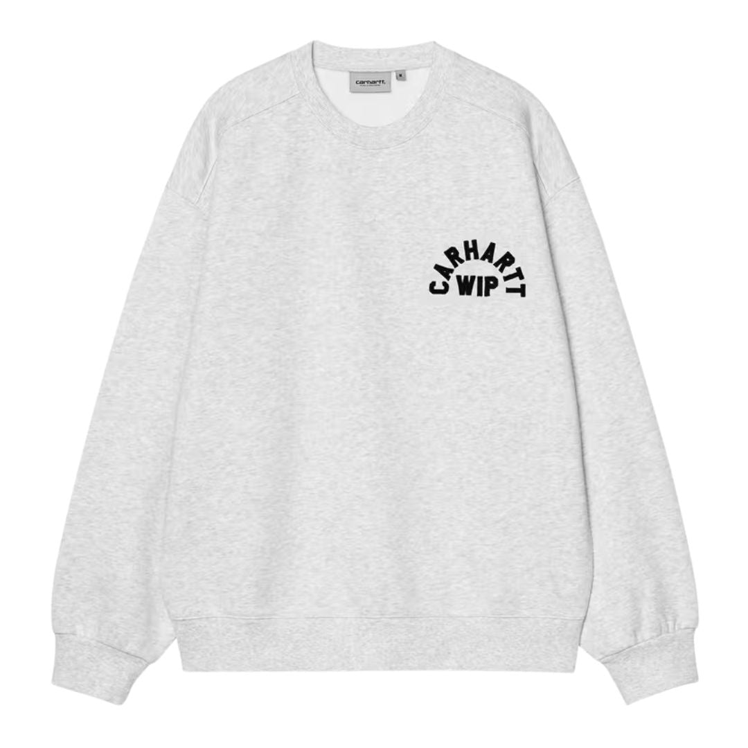 Carhartt WIP Arch Script Sweat en ash heather, vista frontal plana. Destaca el aplique bordado "Carhartt WIP" en el pecho y la textura de punto cepillado tipo forro polar.