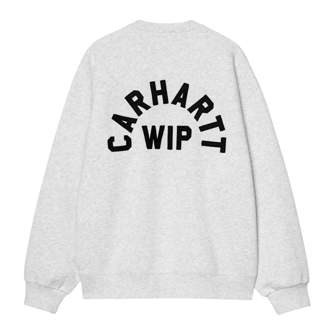 Carhartt WIP Arch Script Sweat en ash heather, vista trasera plana sobre fondo blanco. Se aprecia el logotipo arqueado "Carhartt WIP" bordado en grande sobre la espalda.