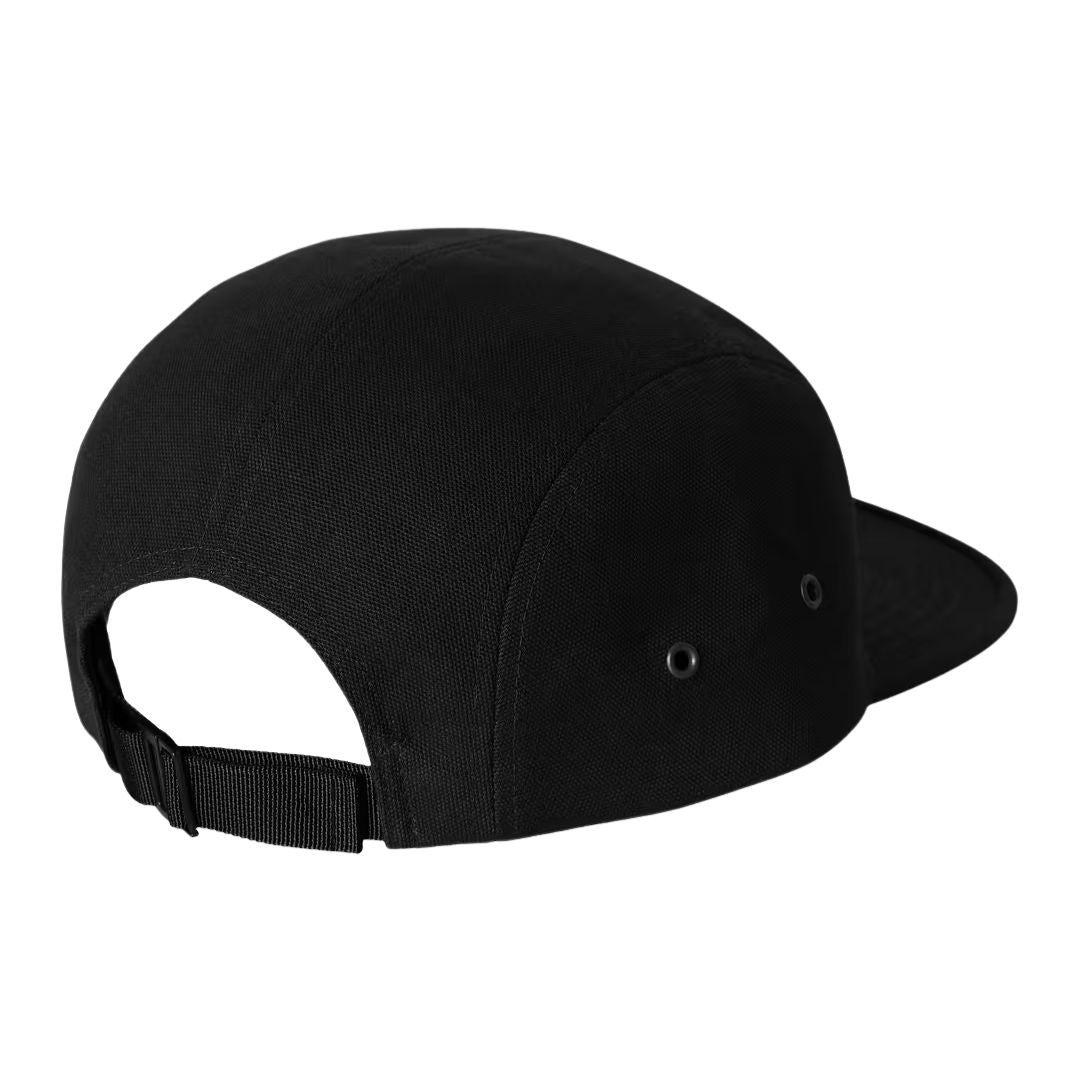 Gorra Carhartt WIP Backley Cap de cinco paneles en color negro black, vista trasera con tira ajustable y ojales metálicos.
