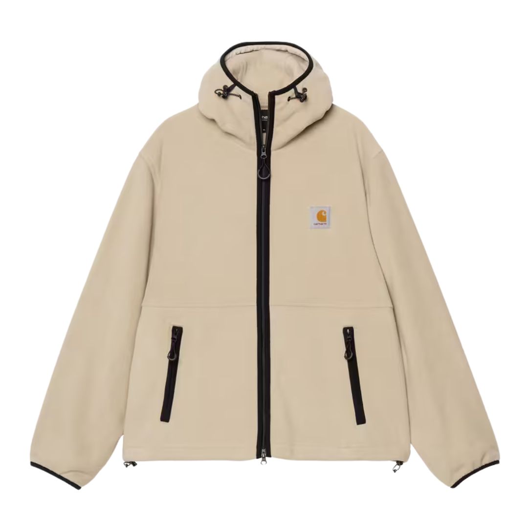 Vista frontal cerrada de la chaqueta Carhartt WIP Blevin Liner en color Fleur De Sel con capucha ajustable.