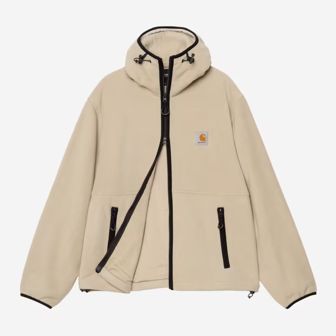 Vista frontal abierta de la chaqueta Carhartt WIP Blevin Liner en color Fleur De Sel mostrando interior y detalles en contraste.