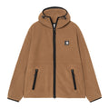 Chaqueta forro polar ligero Carhartt WIP Blevin Liner en color WIP H Brown, vista frontal con capucha, cremallera negra y bolsillos con cremallera en el bajo.