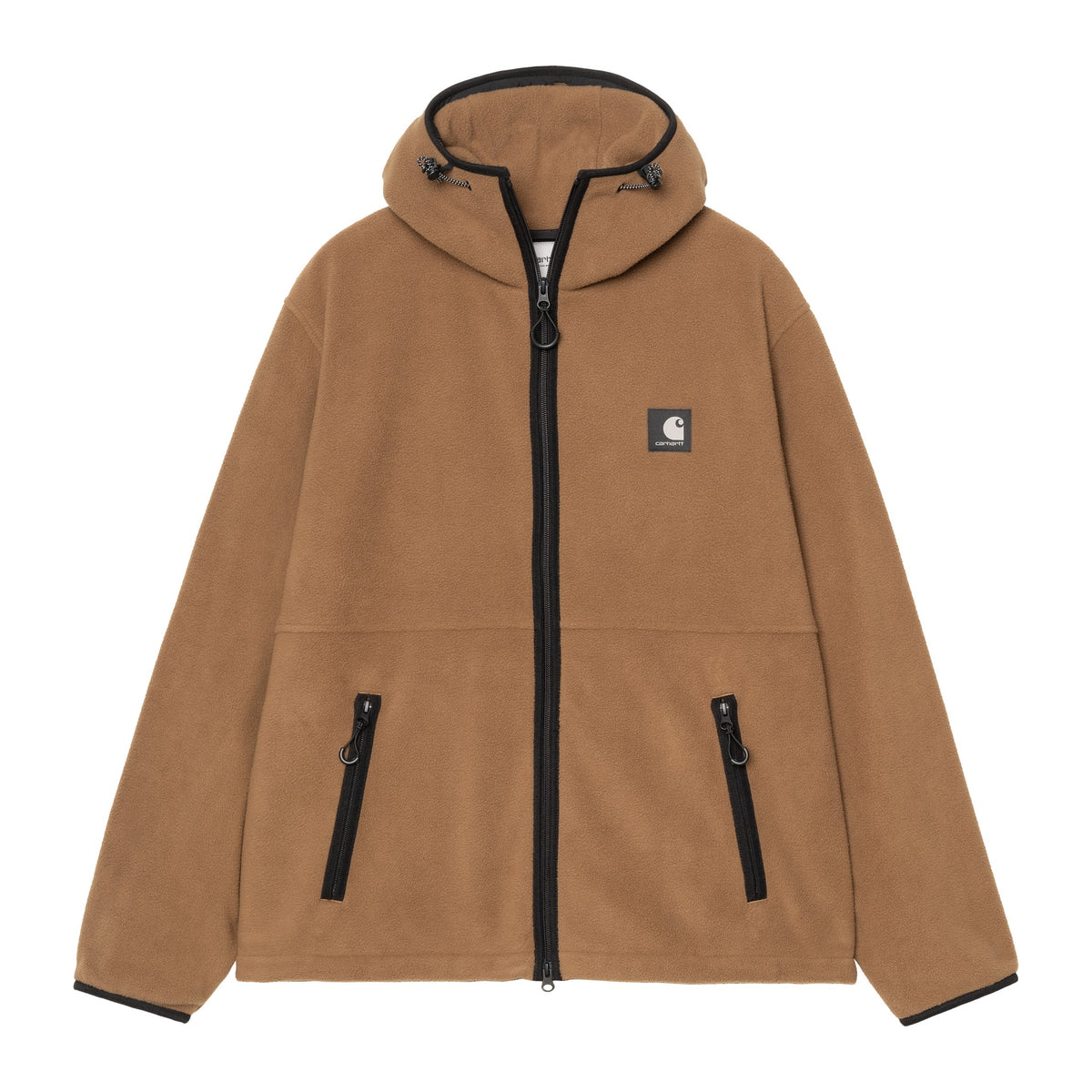 Chaqueta forro polar ligero Carhartt WIP Blevin Liner en color WIP H Brown, vista frontal con capucha, cremallera negra y bolsillos con cremallera en el bajo.