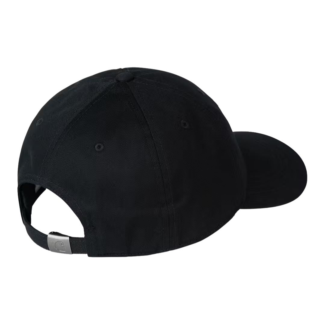 Gorra Carhartt WIP Bumper Sticker Cap negra, vista trasera en producto plano mostrando la copa de seis paneles y el ajuste con hebilla metálica.