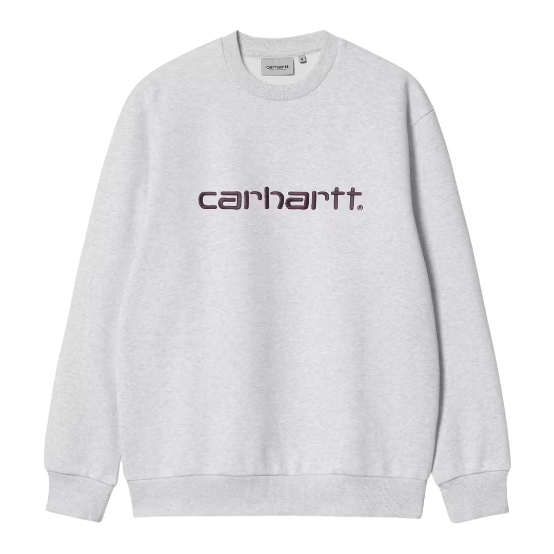 Sudadera Carhartt WIP Carhartt Sweat en color gris claro jaspeado con logotipo bordado en el pecho, vista frontal.