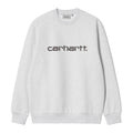 Sudadera clásica Carhartt WIP Carhartt Sweat en color Ash Heather / Graphite, vista frontal con el logotipo Carhartt escrito en el pecho y cuello redondo acanalado.
