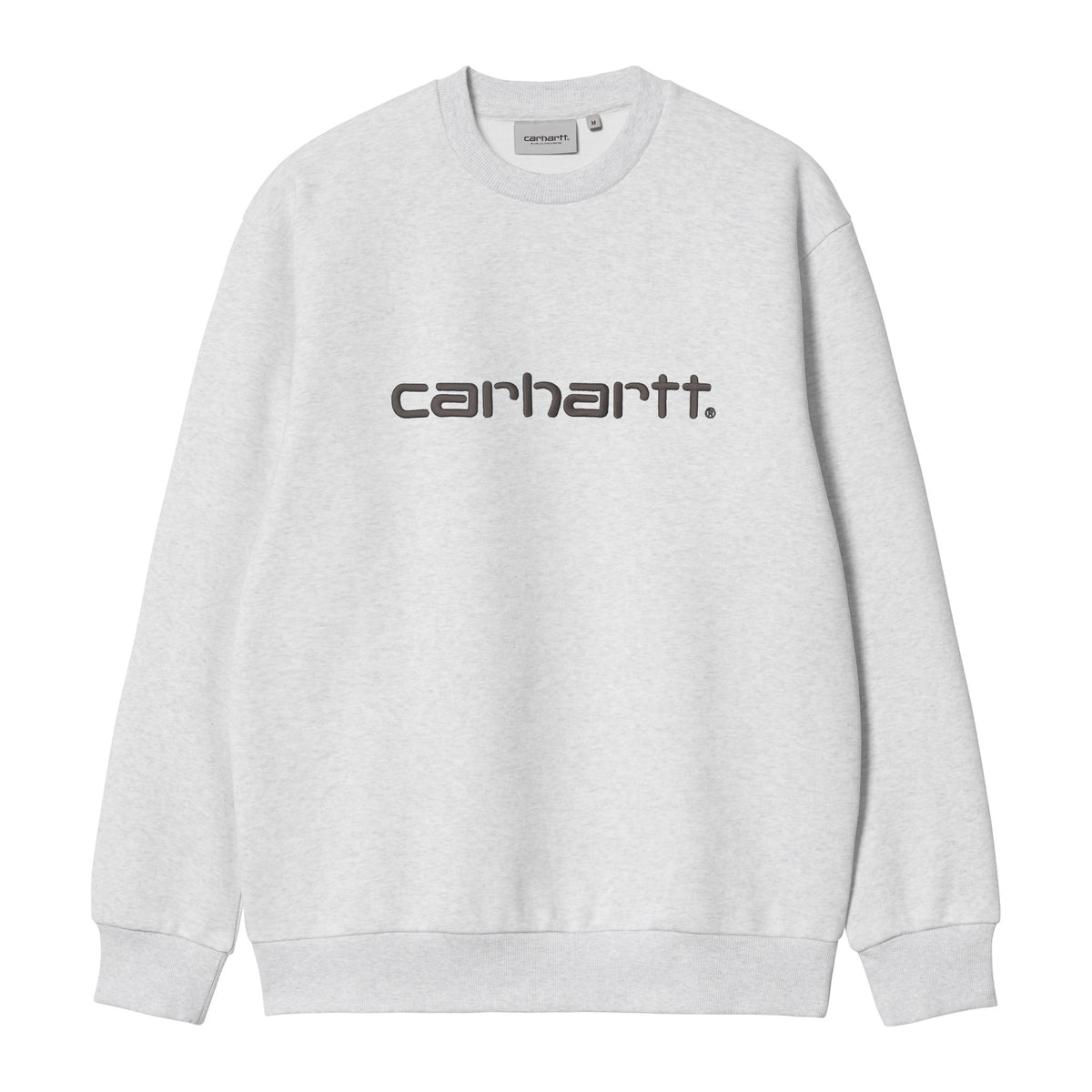 Sudadera clásica Carhartt WIP Carhartt Sweat en color Ash Heather / Graphite, vista frontal con el logotipo Carhartt escrito en el pecho y cuello redondo acanalado.