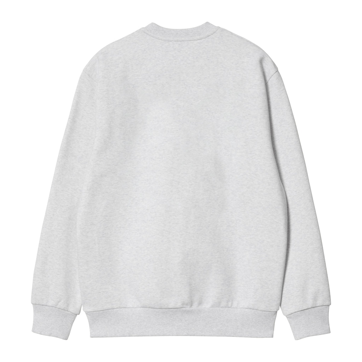 Vista trasera de la sudadera clásica Carhartt WIP Carhartt Sweat en color Ash Heather / Graphite, lisa, con cuello redondo acanalado y puños elásticos.