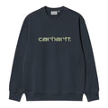 Sudadera Carhartt WIP Carhartt Sweat en color azul marino oscuro con logotipo en verde claro en el pecho, vista frontal.