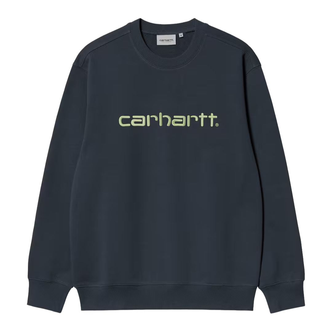 Sudadera Carhartt WIP Carhartt Sweat en color azul marino oscuro con logotipo en verde claro en el pecho, vista frontal.