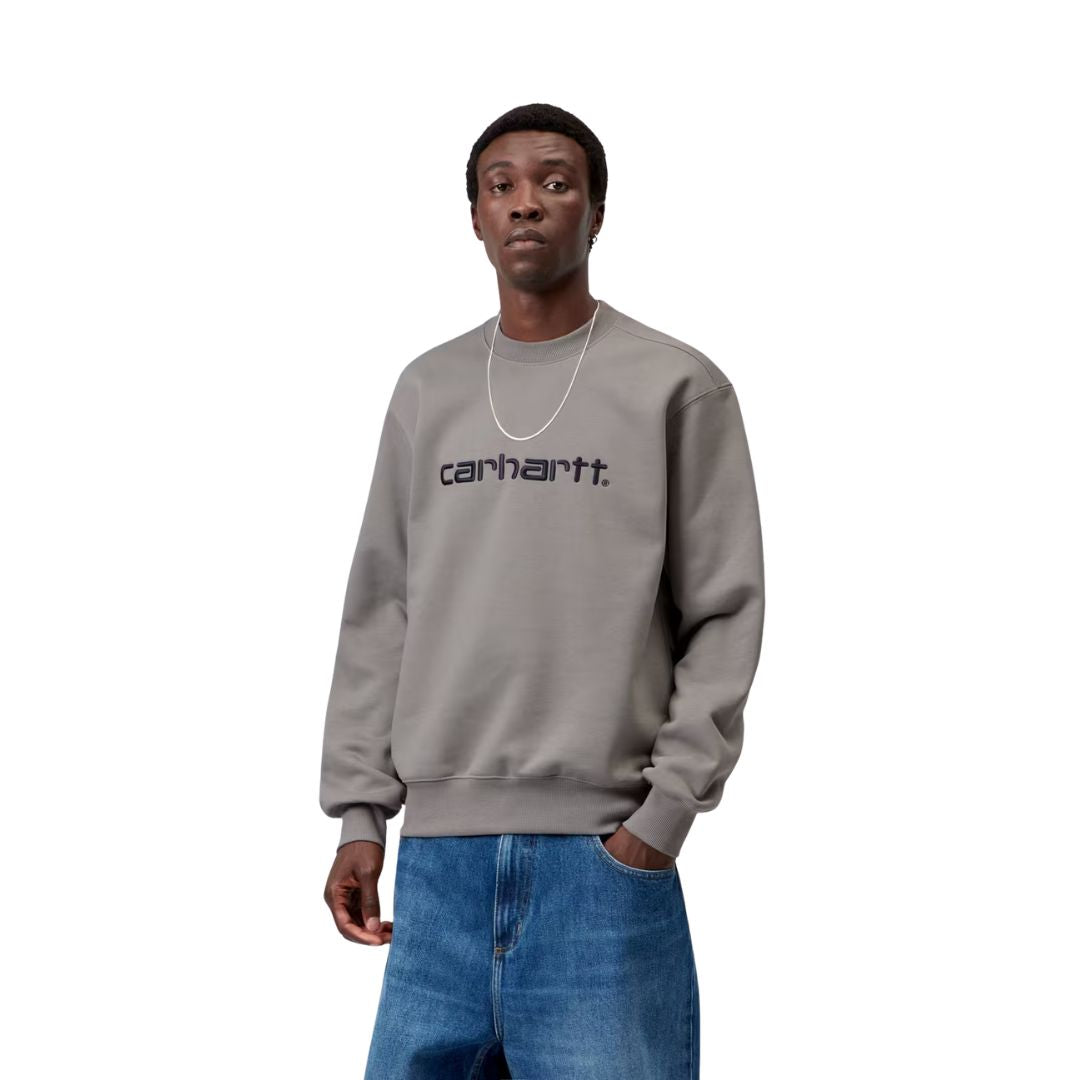 Primer plano de la sudadera Carhartt WIP Carhartt Sweat en Shady Grey con logo bordado Dark Navy, cuello redondo acanalado y detalle de costuras visibles en el pecho del modelo.