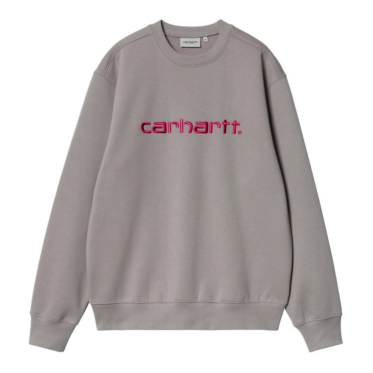 Sudadera gris Carhartt con logo bordado en rosa vibrante en el pecho