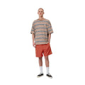 Carhartt WIP Chase Swim Trunks en color oxide red con detalle dorado, vista completa de look sobre modelo masculino. Bañador de secado rápido en rojo teja con 