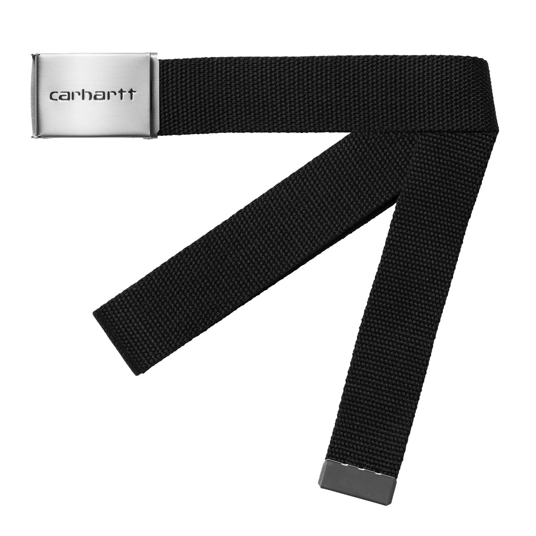 Hombre con el Cinturón CARHARTT WIP Clip Belt Chrome en color negro con hebilla metálica grabada con el logo de Carhartt.