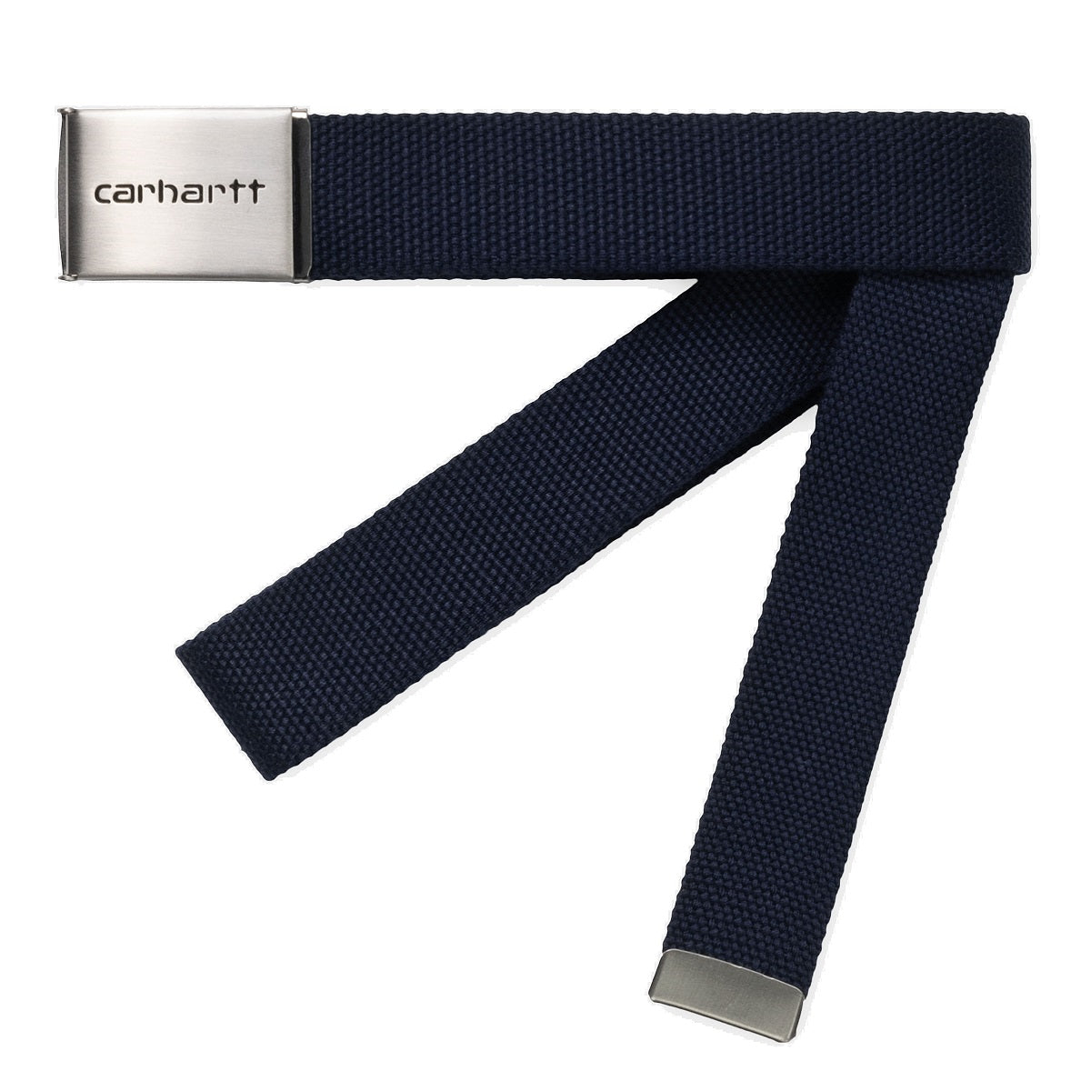 Cinturón Carhartt WIP Clip Belt Chrome en color azul marino oscuro con hebilla metálica grabada con el logo de Carhartt.