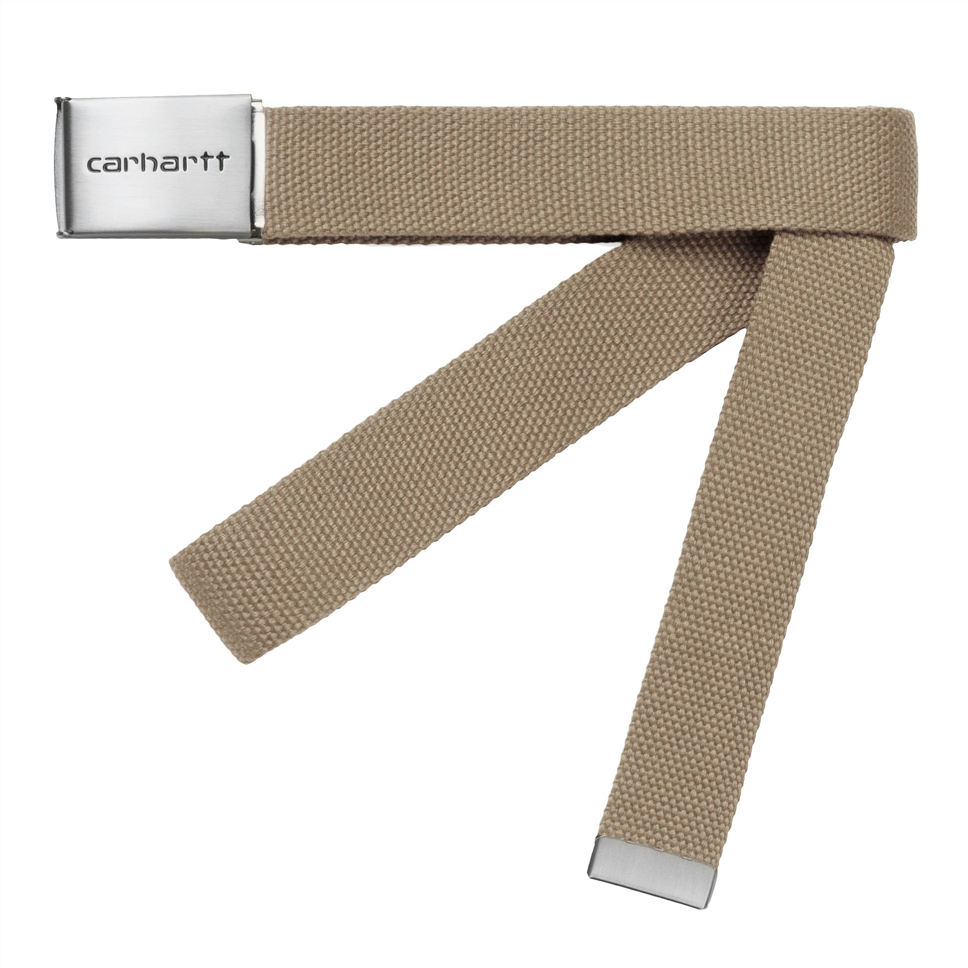 Cinturón Carhartt WIP Clip Belt Chrome en color piel con hebilla metálica grabada con el logo de Carhartt.