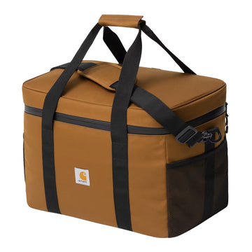 Carhartt WIP Cooler Bag Hamilton Brown vista exterior, bolsa térmica resistente con asas de transporte, correa ajustable, bolsillos laterales de malla y etiqueta Carhartt.