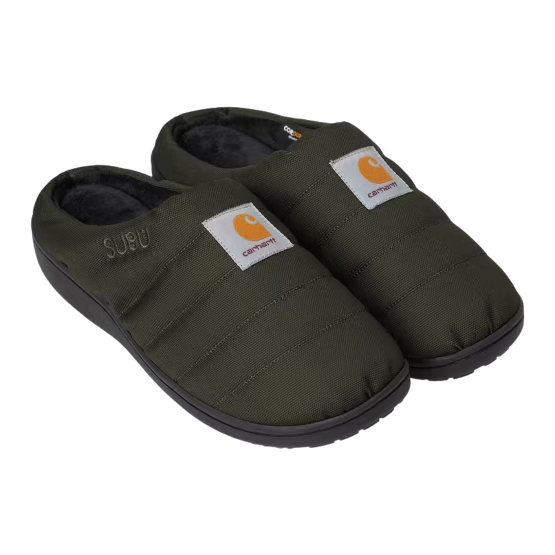 Zapatillas Carhartt WIP Cordura Slippers en color Olive, vista frontal con logotipo de la marca.