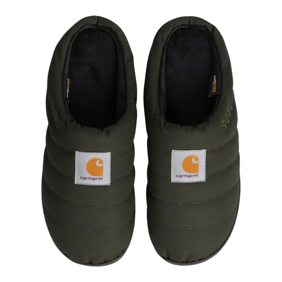 Zapatillas Carhartt WIP Cordura Slippers en color Olive, vista superior del par con interior forrado.