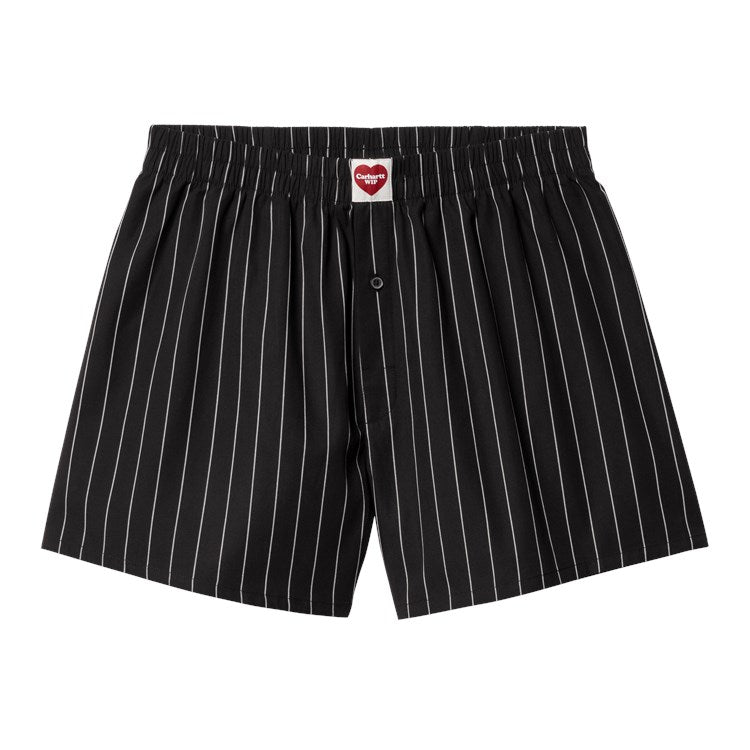 CARHARTT WIP Cotton Boxer en diseño Season Stripe, confeccionado en algodón negro con rayas blancas verticales y logo en la cintura.