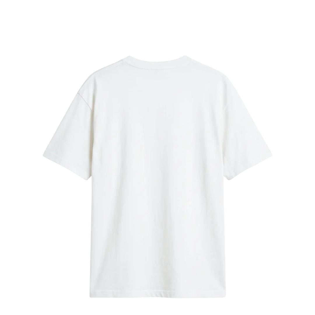 Camiseta Carhartt WIP S/S Fromage en blanco, vista trasera en plano cenital, espalda completamente lisa sin estampado, con cuello redondo ribeteado y corte relajado característico.