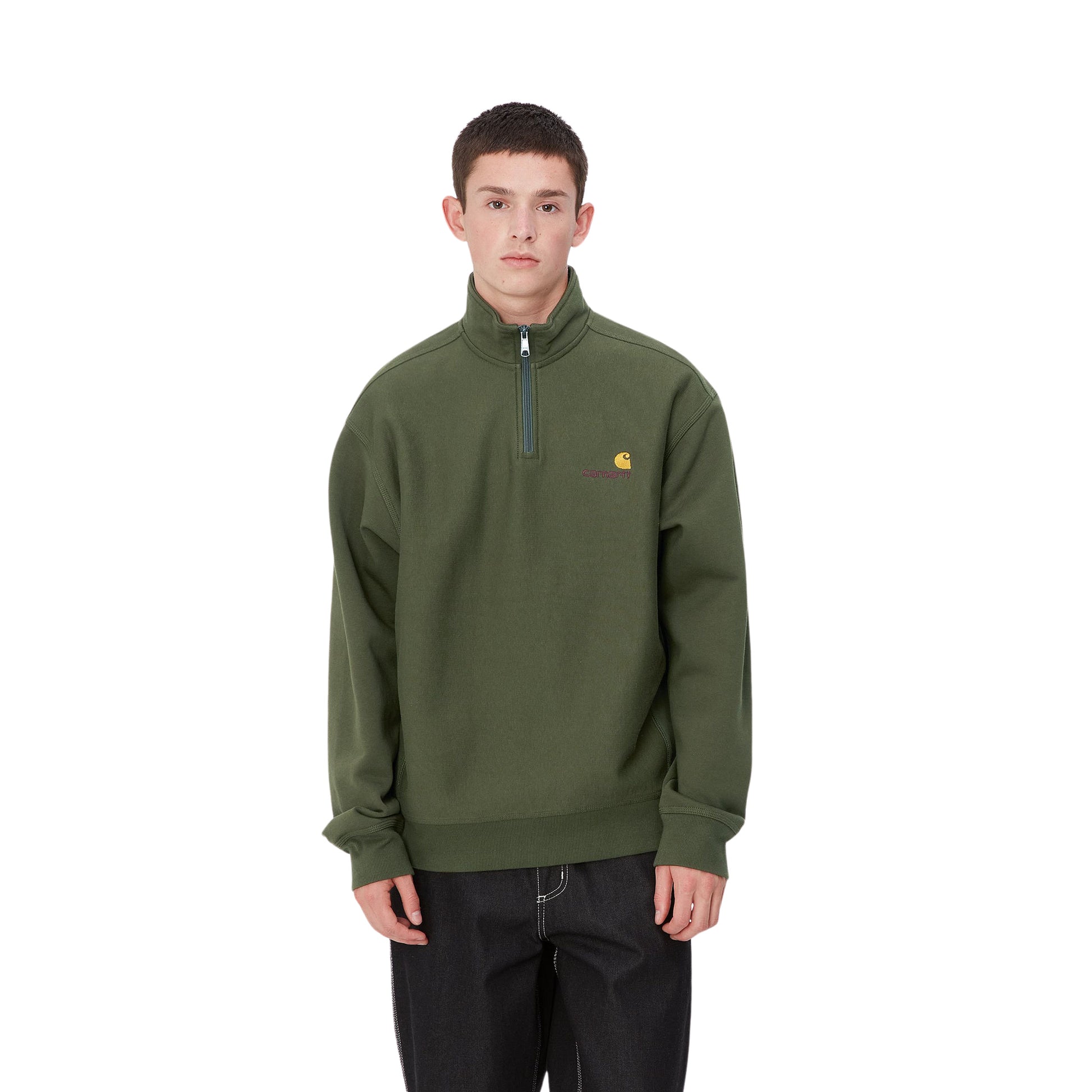 Hombre con la Sudadera con cuello alto y media cremallera Carhartt WIP Half Zip American Script Sweat Verde Tarragon