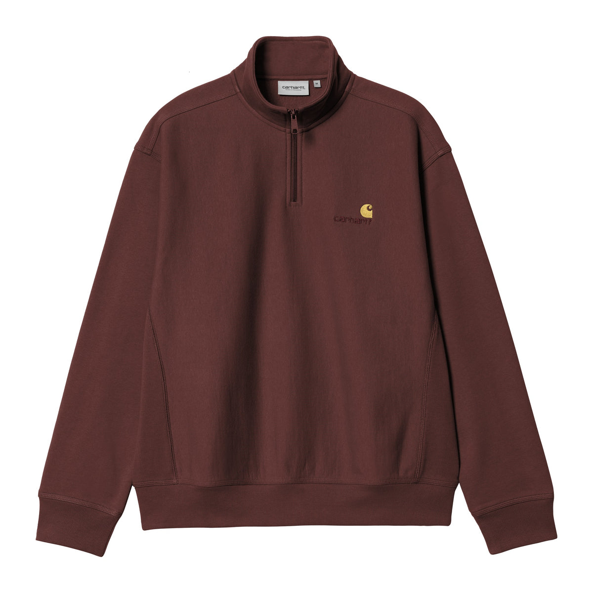 Sudadera con cuello alto y media cremallera Carhartt WIP Half Zip American Script Sweat en color Amarone, vista frontal con el logotipo bordado en el pecho.