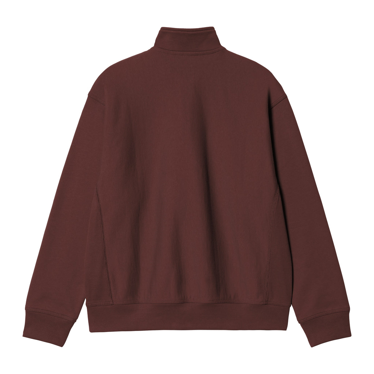 Vista trasera de la sudadera con cuello alto y media cremallera Carhartt WIP Half Zip American Script Sweat en color Amarone, lisa y con puños acanalados.