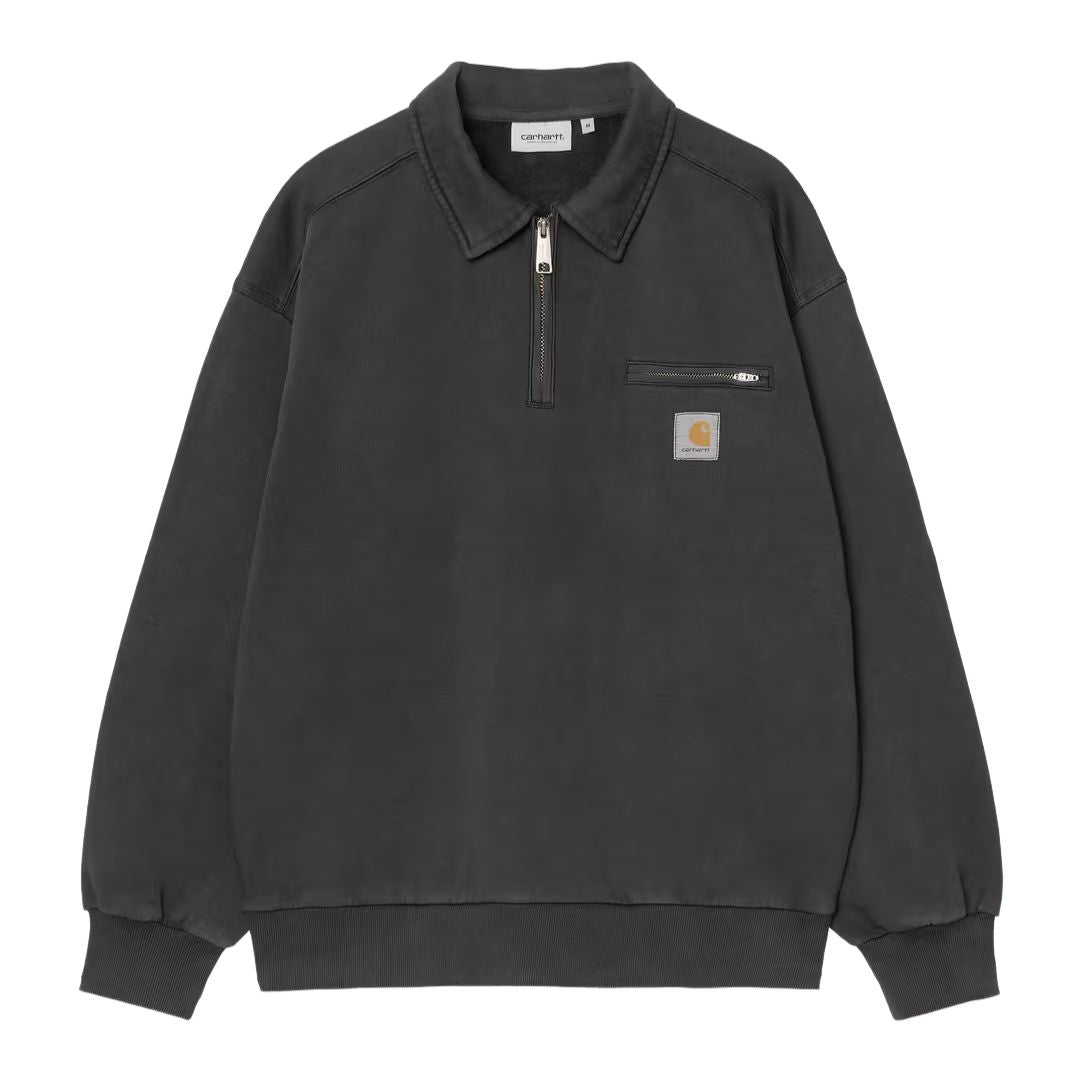 Carhartt WIP Half Zip Detroit Sweatshirt negra lavado a la piedra vista frontal con media cremallera, bolsillo en el pecho con cremallera y etiqueta cuadrada tejida.