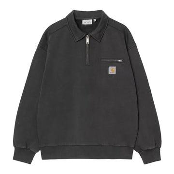 Carhartt WIP Half Zip Detroit Sweatshirt negra lavado a la piedra vista frontal con media cremallera, bolsillo en el pecho con cremallera y etiqueta cuadrada tejida.