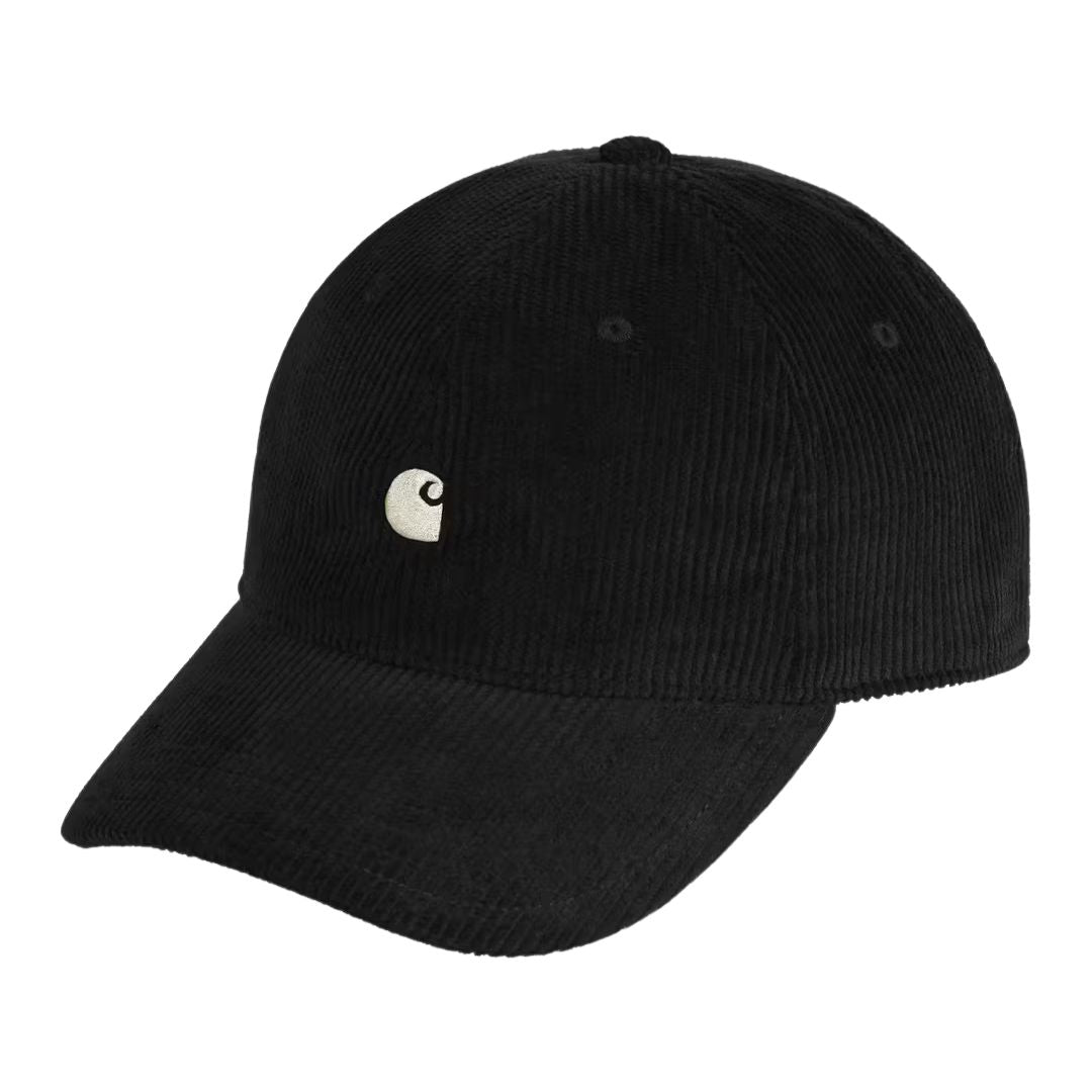 Gorra Carhartt WIP Harlem Cap Negra con el logo "C" bordado en blanco.