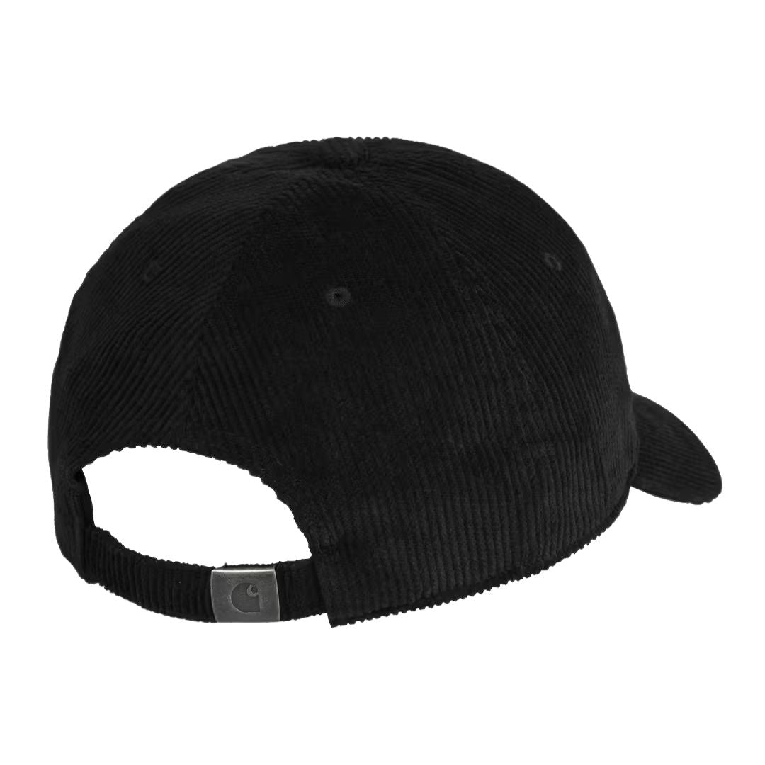 Gorra Carhartt WIP Harlem Cap Negra con el logo "C" bordado en negro, vista posterior.